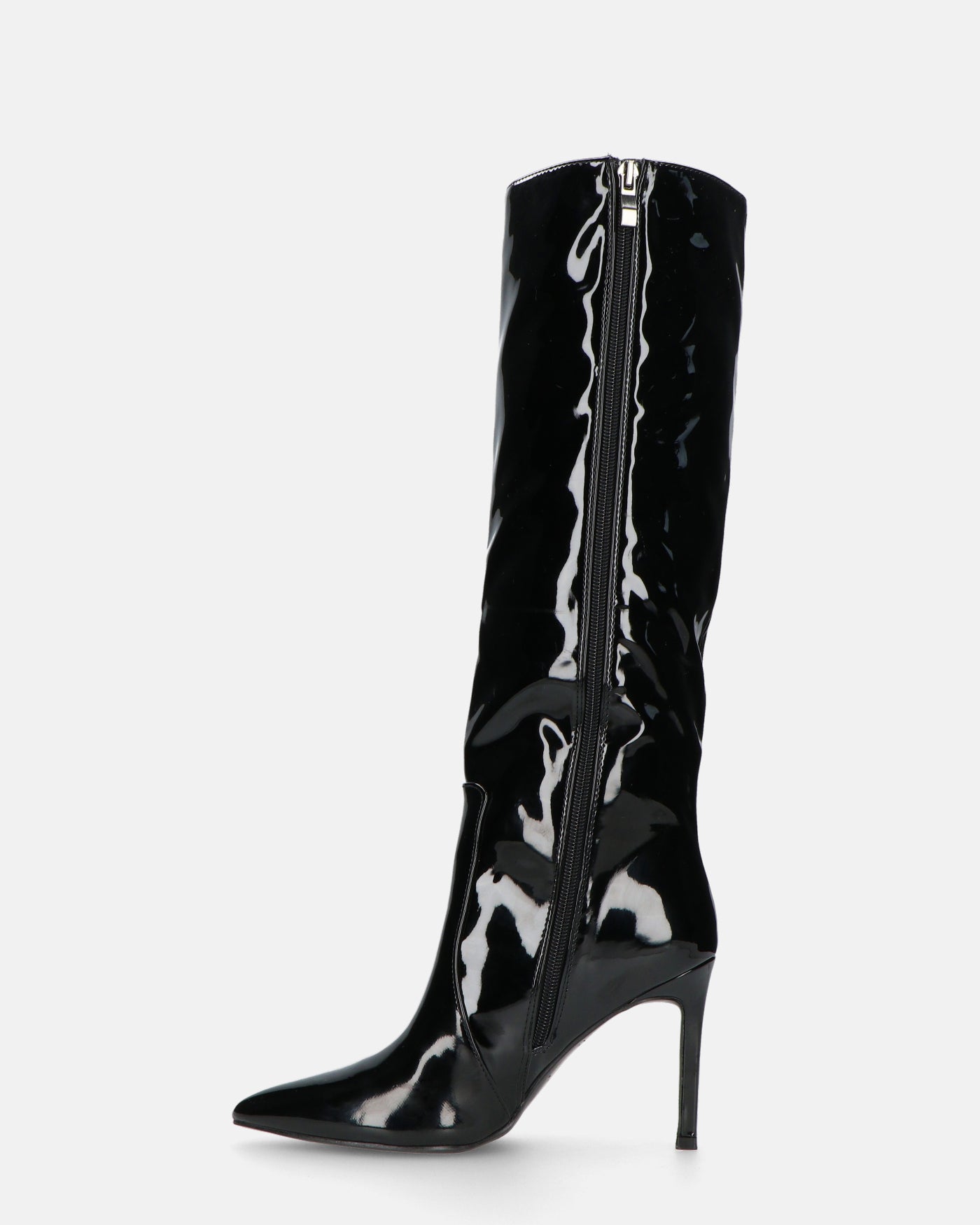 KAMYA - stivali alti in glassy nero con cerniera