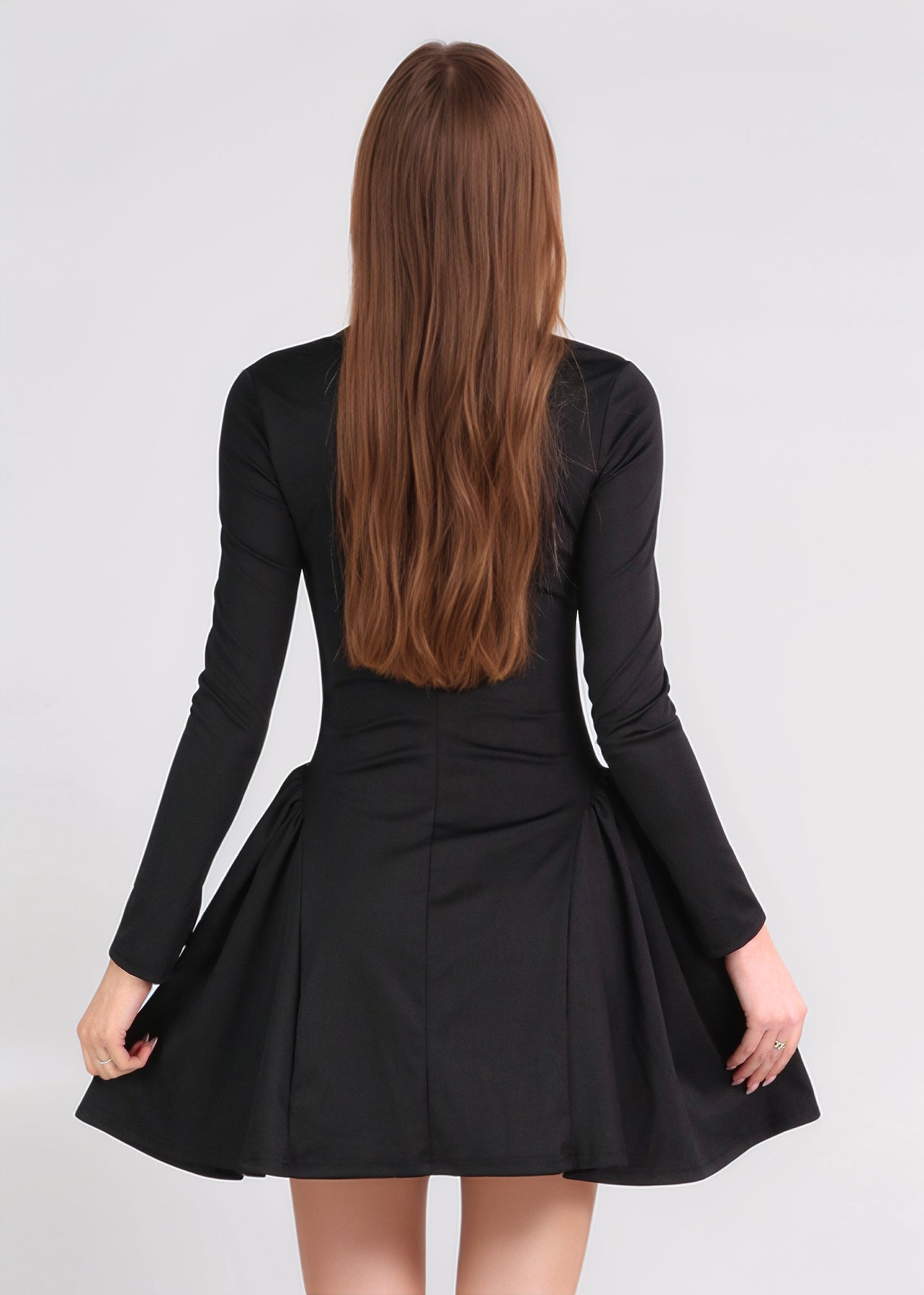 KARELYN - vestito mini nero con gonna ampia e maniche lunghe