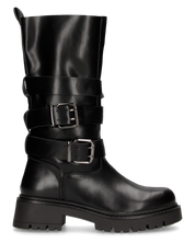 LEYA - stivale biker in ecopelle nera con cinturini e gambale con lembi a soffietto