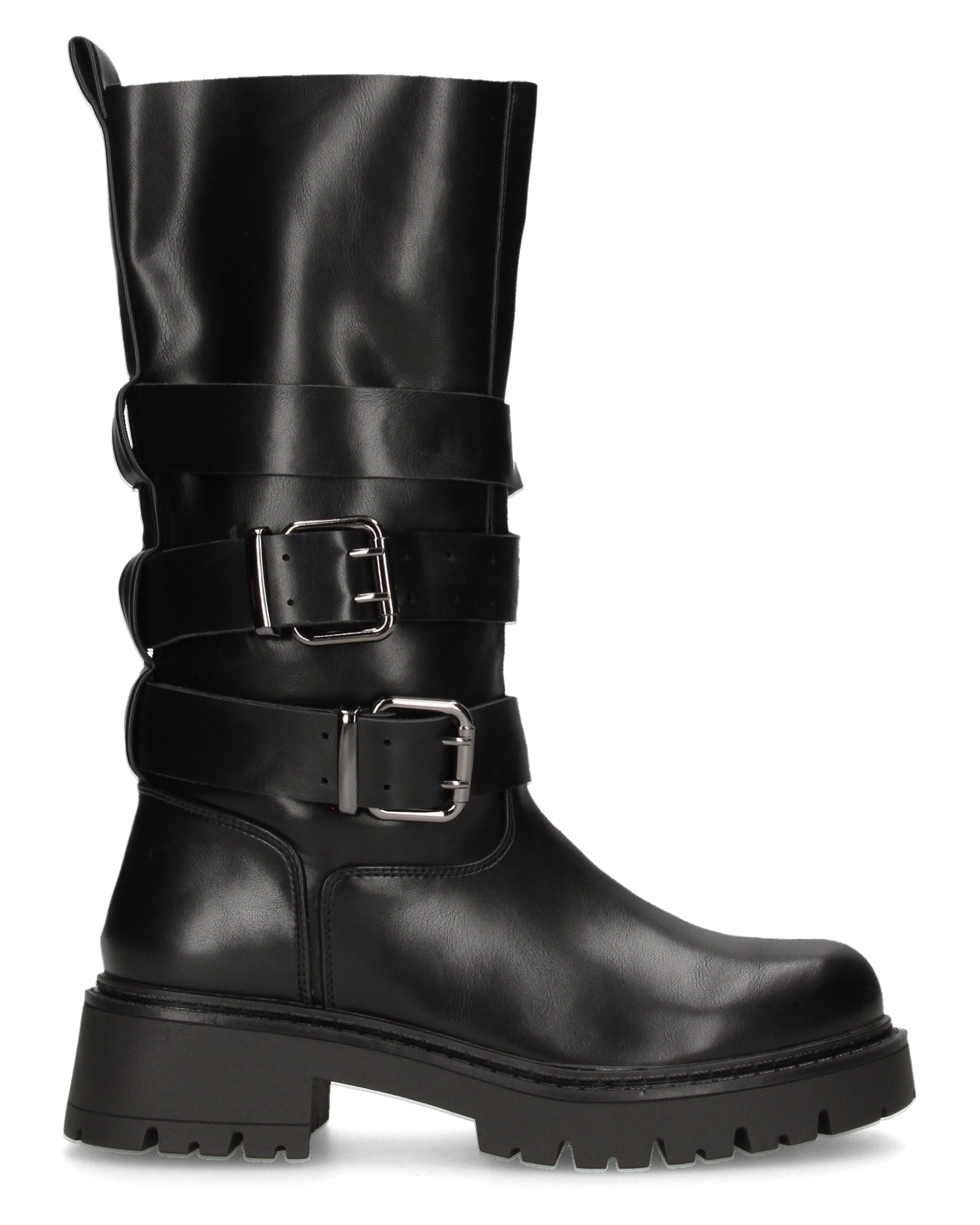 LEYA - stivale biker in ecopelle nera con cinturini e gambale con lembi a soffietto