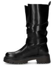 LEYA - stivale biker in ecopelle nera con cinturini e gambale con lembi a soffietto