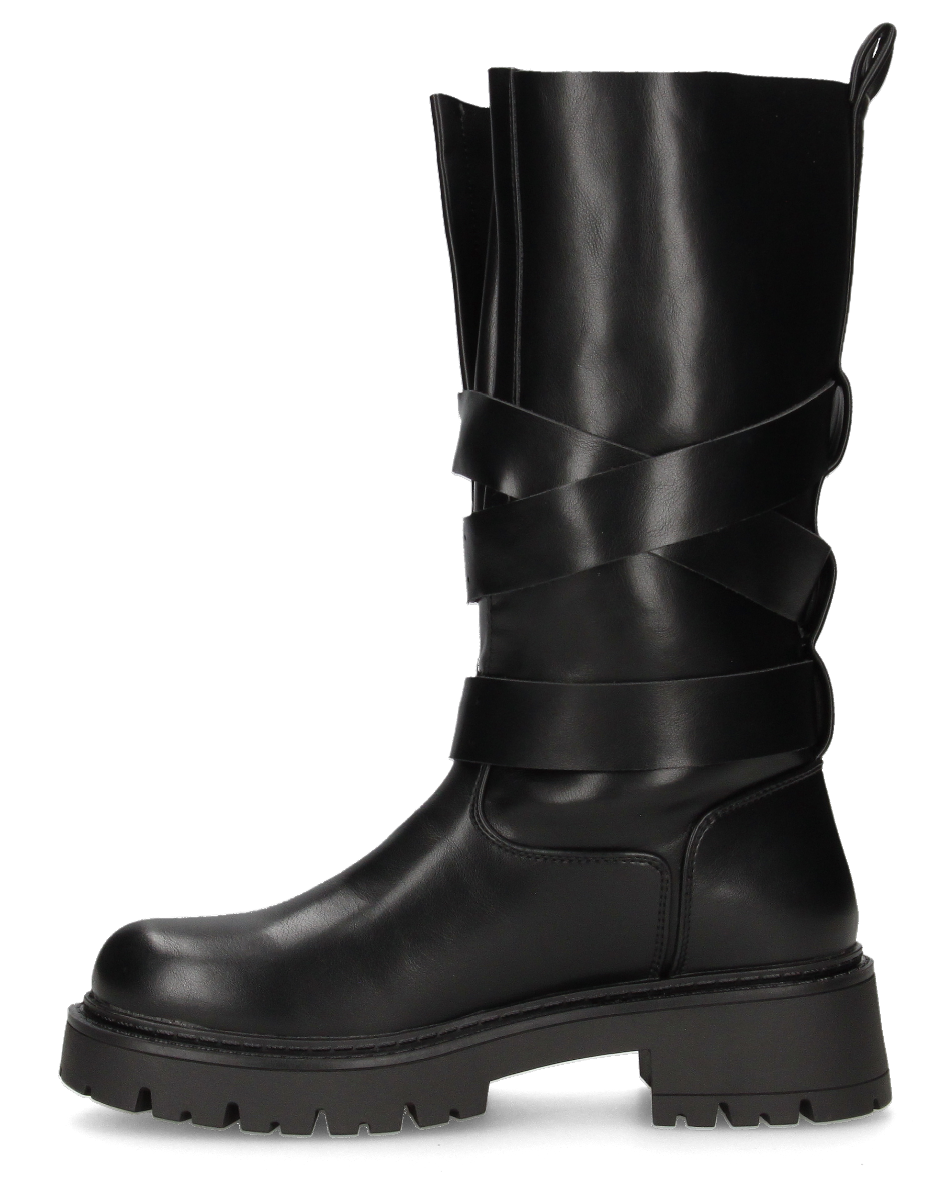 LEYA - stivale biker in ecopelle nera con cinturini e gambale con lembi a soffietto