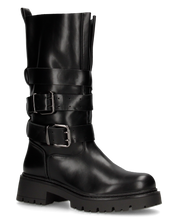 LEYA - stivale biker in ecopelle nera con cinturini e gambale con lembi a soffietto