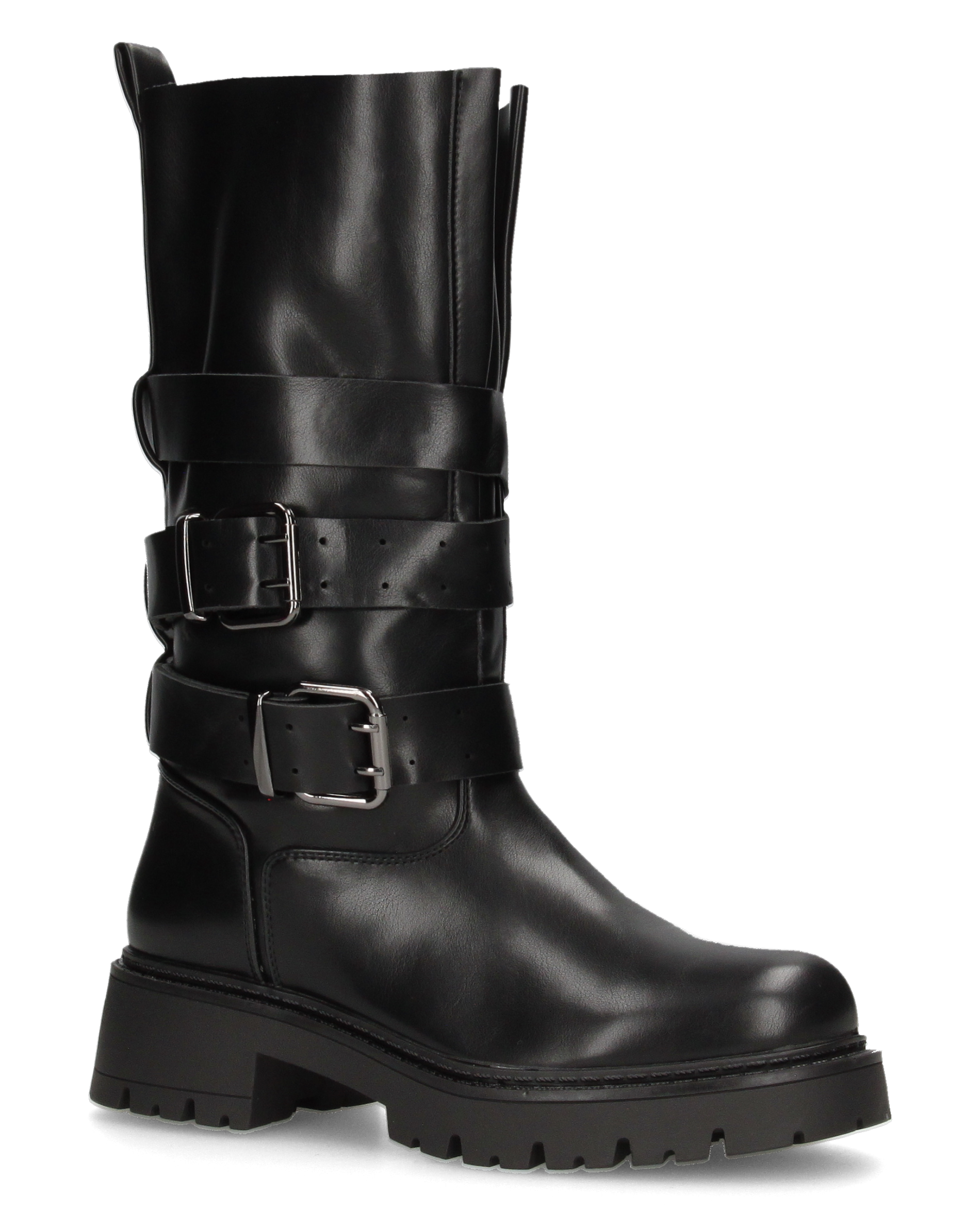 LEYA - stivale biker in ecopelle nera con cinturini e gambale con lembi a soffietto