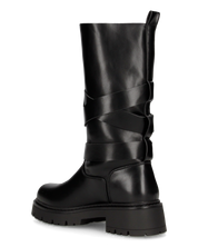 LEYA - stivale biker in ecopelle nera con cinturini e gambale con lembi a soffietto