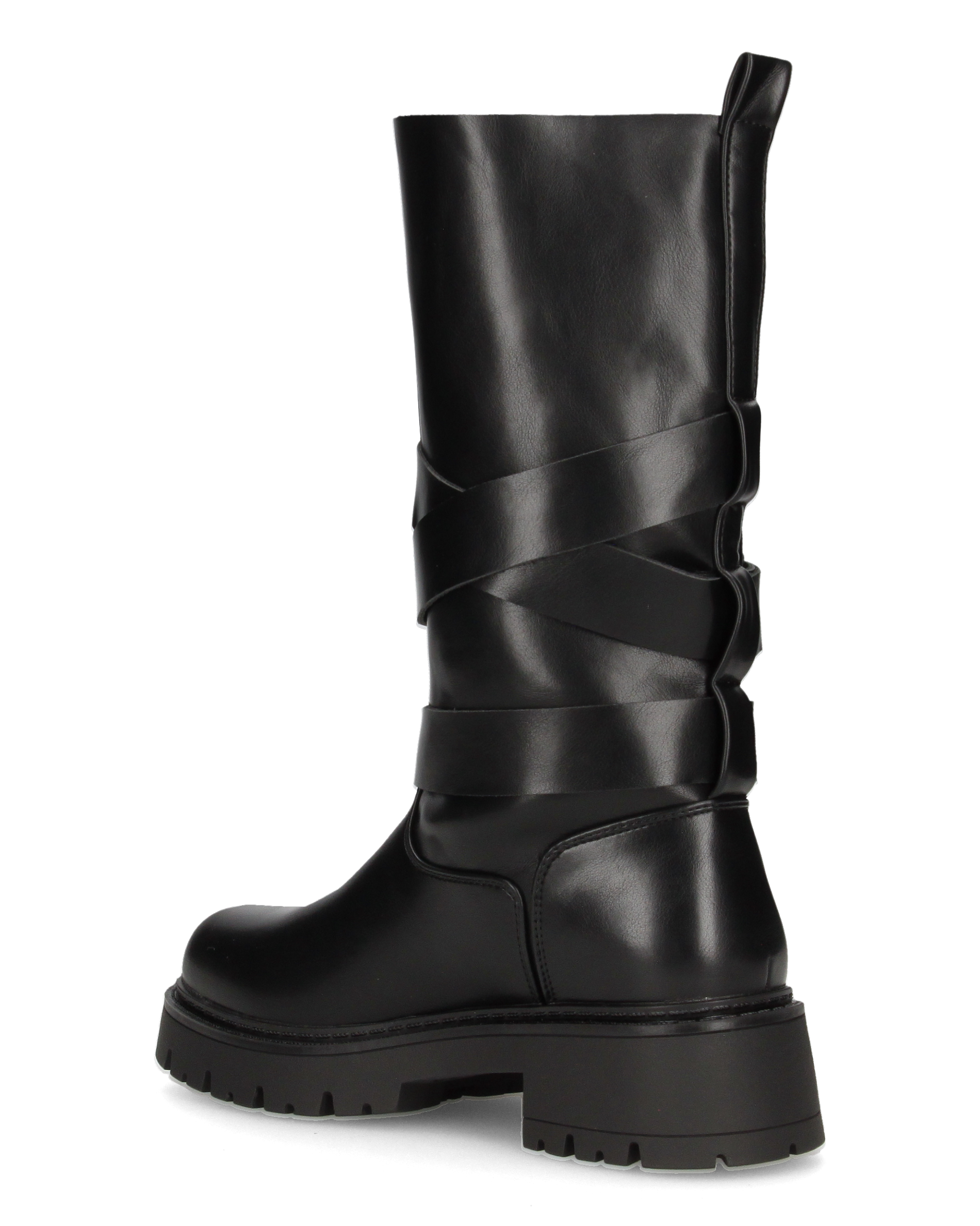 LEYA - stivale biker in ecopelle nera con cinturini e gambale con lembi a soffietto
