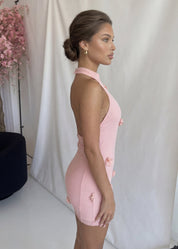 LILLY - vestito corto effetto mesh con applicazioni floreali in rosa