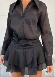 LORRY - abito nero camicia gonna ampia con choker con fiore
