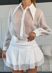 LORRY - abito bianco camicia gonna ambia con choker con fiore