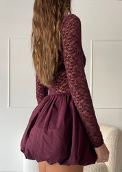 MARINA - vestito mini burgundy con gonna a palloncino e top in pizzo