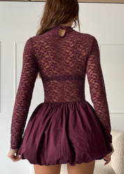 MARINA - vestito mini burgundy con gonna a palloncino e top in pizzo