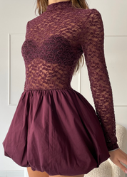 MARINA - vestito mini burgundy con gonna a palloncino e top in pizzo