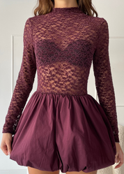 MARINA - vestito mini burgundy con gonna a palloncino e top in pizzo