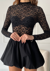 MARINA - vestito mini nero con gonna a palloncino e top in pizzo