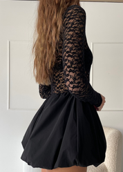 MARINA - vestito mini nero con gonna a palloncino e top in pizzo