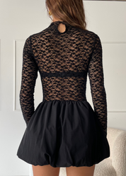 MARINA - vestito mini nero con gonna a palloncino e top in pizzo