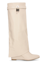 MELANIA - stivali alti beige con risvolto e zeppa, chiusura zip