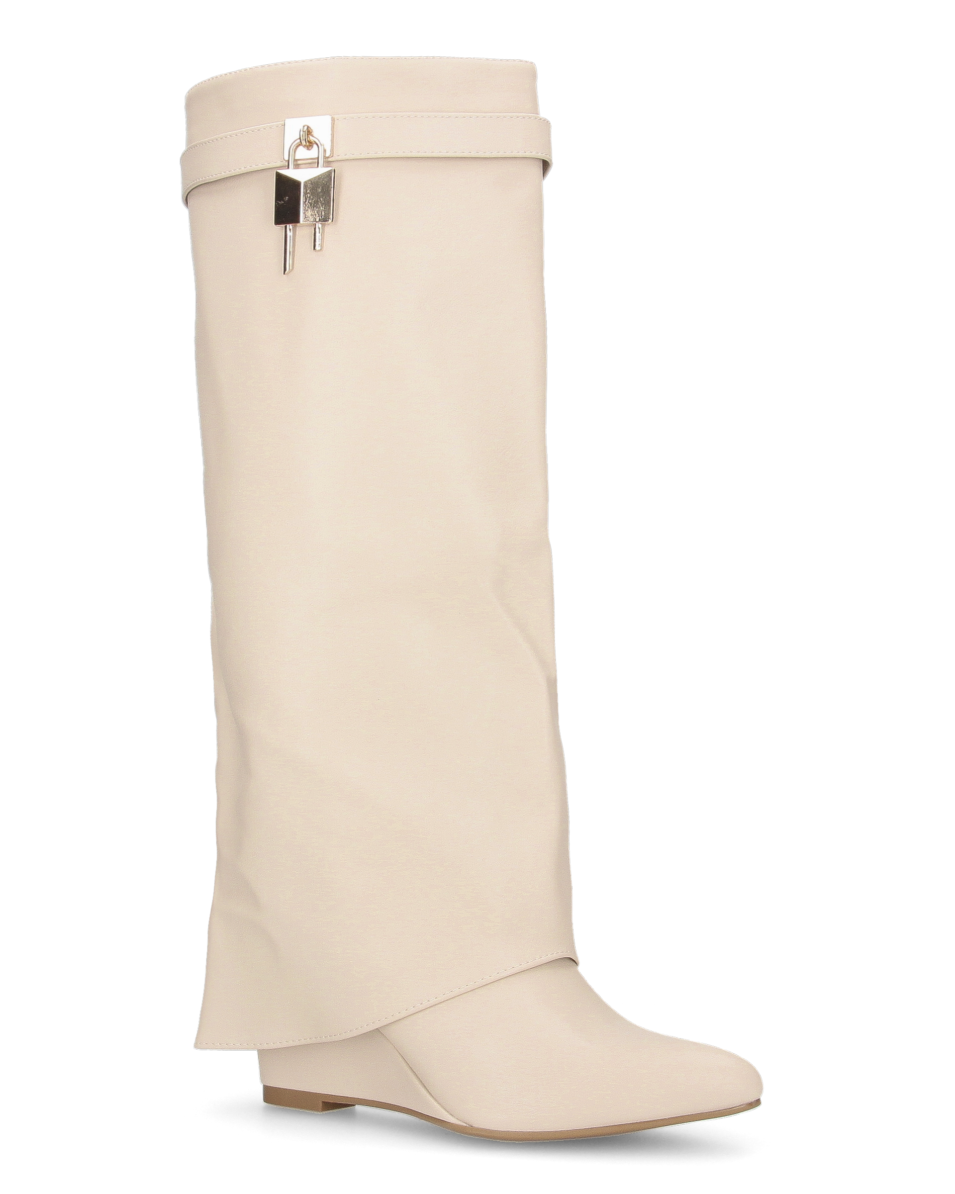 MELANIA - stivali alti beige con risvolto e zeppa, chiusura zip