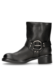 MELISSA - stivaletti biker neri in ecopelle con fascie borchiate e anelli metallici