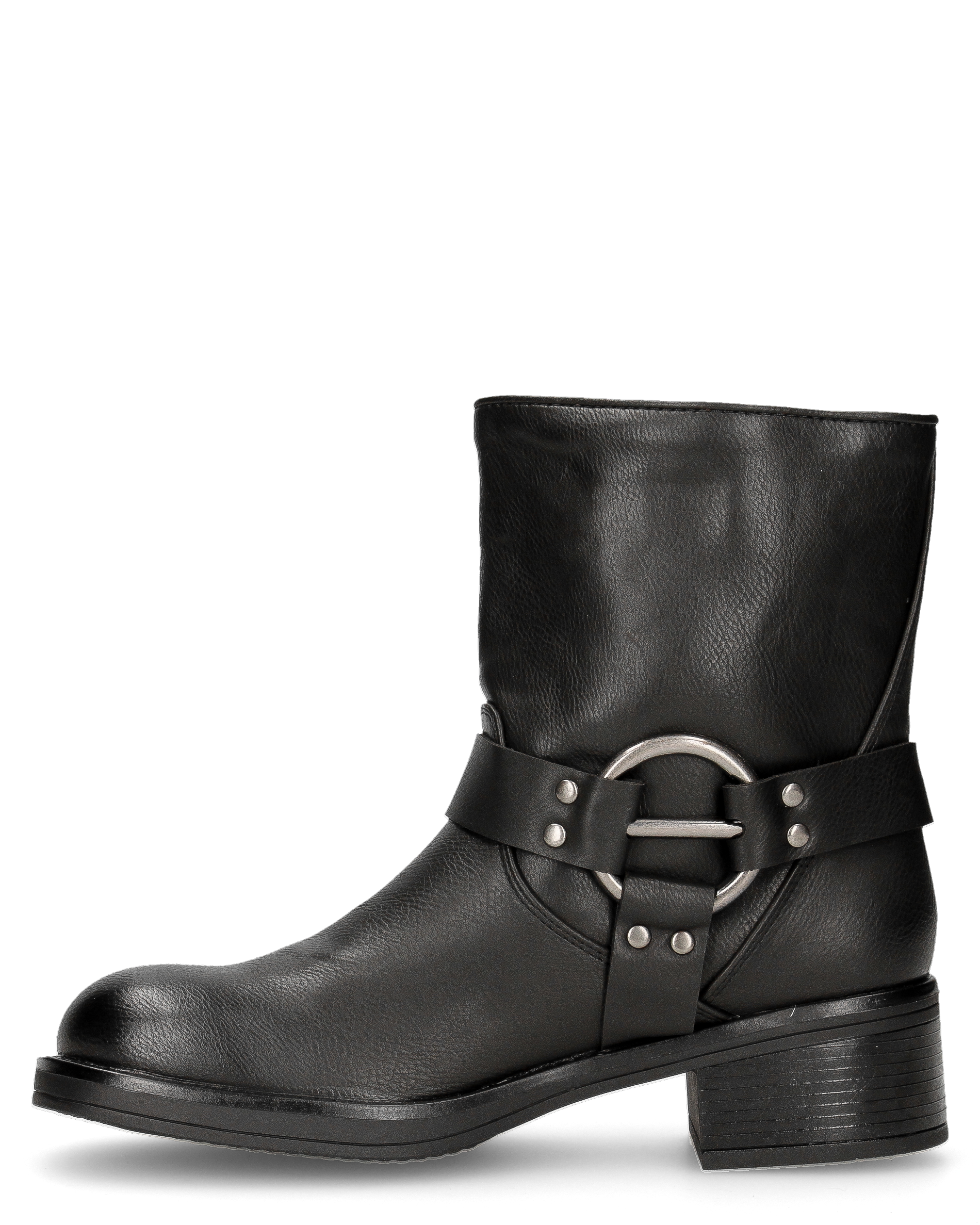 MELISSA - stivaletti biker neri in ecopelle con fascie borchiate e anelli metallici