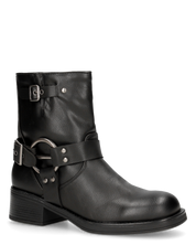 MELISSA - stivaletti biker neri in ecopelle con fascie borchiate e anelli metallici