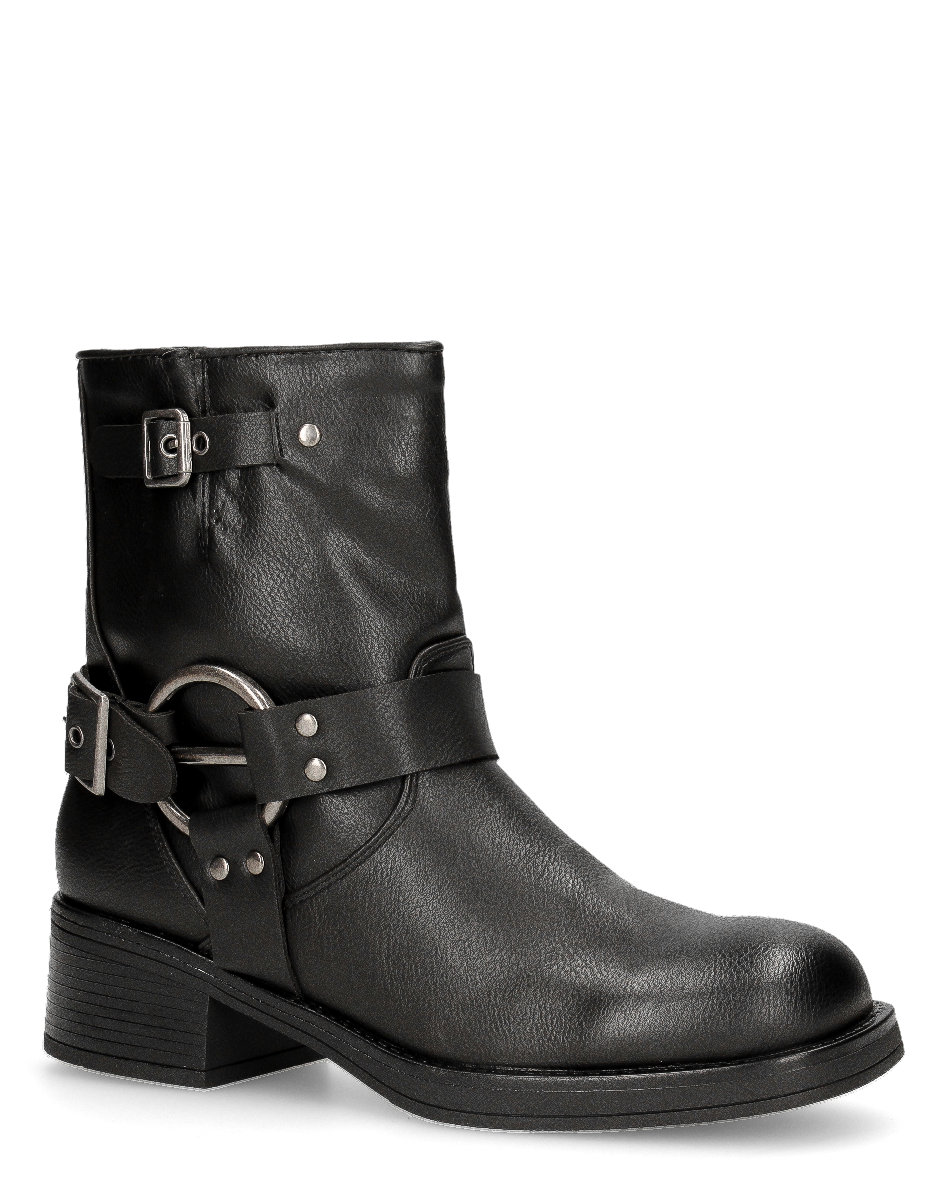 MELISSA - stivaletti biker neri in ecopelle con fascie borchiate e anelli metallici