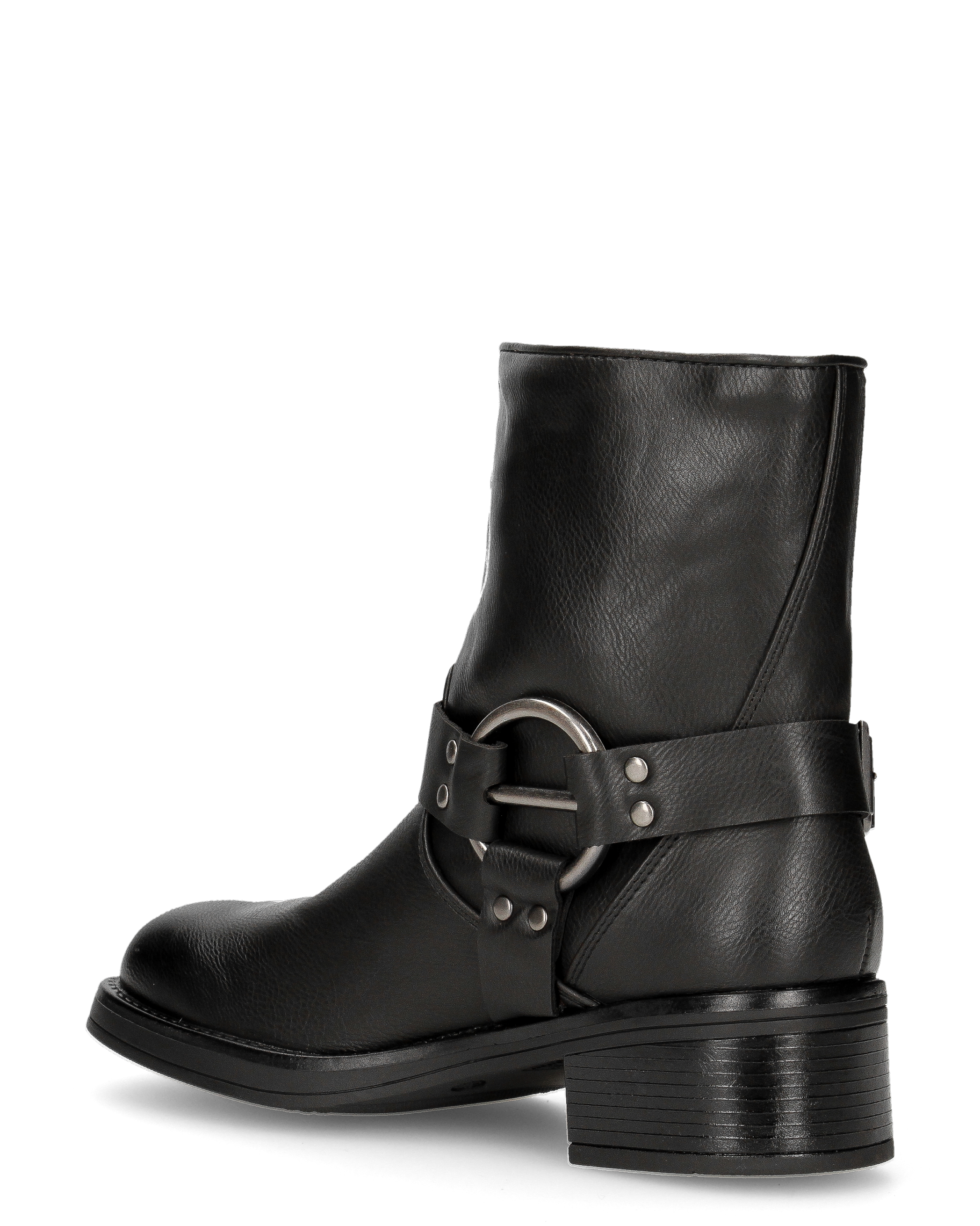 MELISSA - stivaletti biker neri in ecopelle con fascie borchiate e anelli metallici