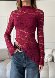 MEREL - top in pizzo bordeaux asimmetrico