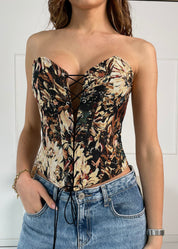 MISTY - top corpetto in tessuto jacquard nero con allacciatura davanti