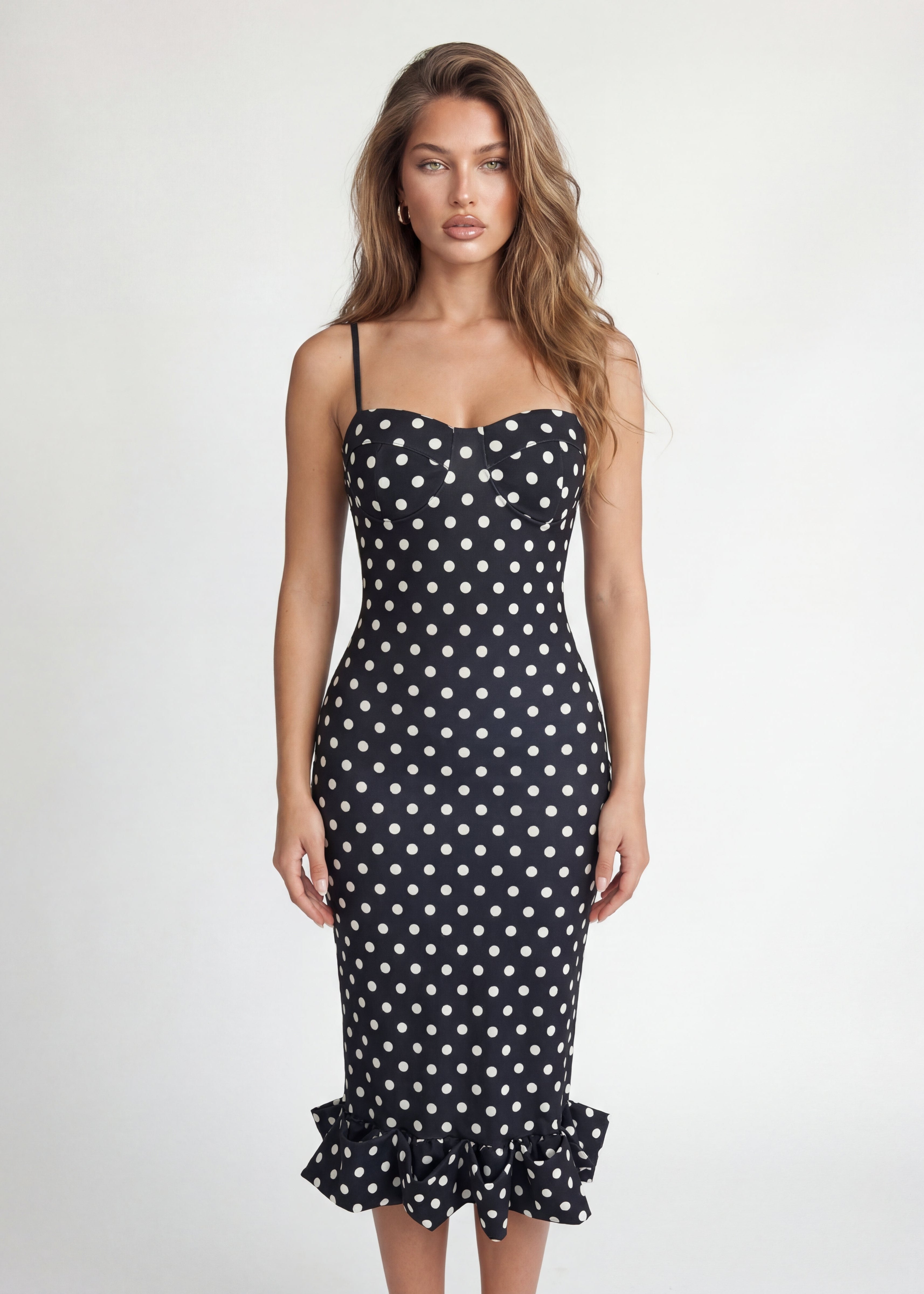 MIYO - vestito midi nero con pois con ruches finale e scollo corpetto