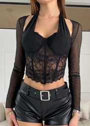 JEPY - crop top corpetto in pizzo nero e tessuto trasparente