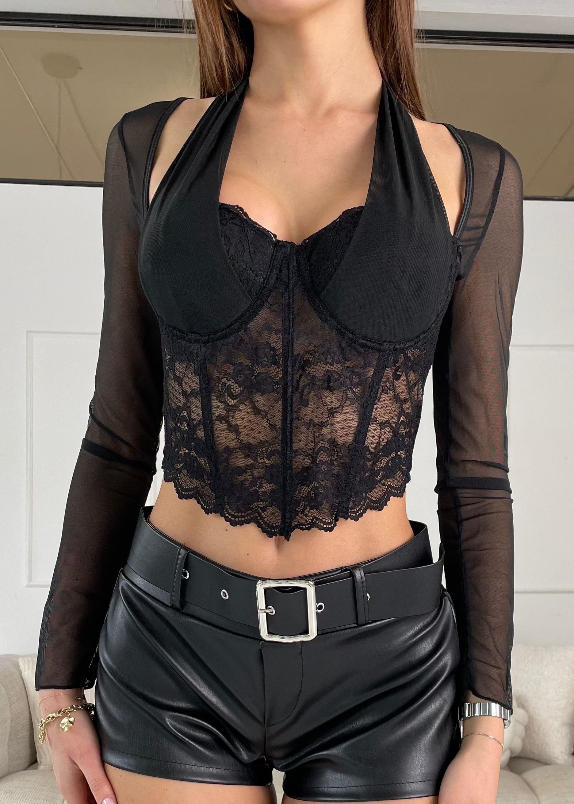 JEPY - crop top corpetto in pizzo nero e tessuto trasparente