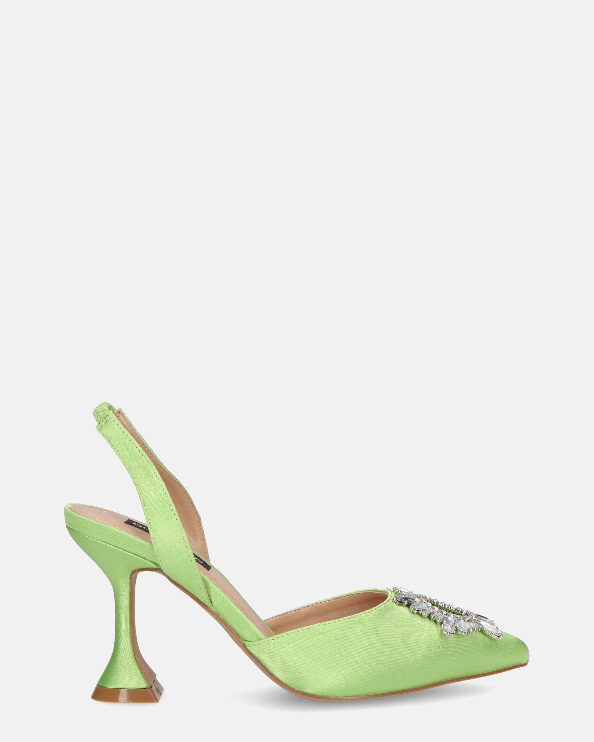 MAGDA - scarpa con tacco in satin verde mela con gemme decorative