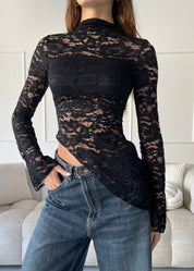 MEREL - top in pizzo nero asimmetrico