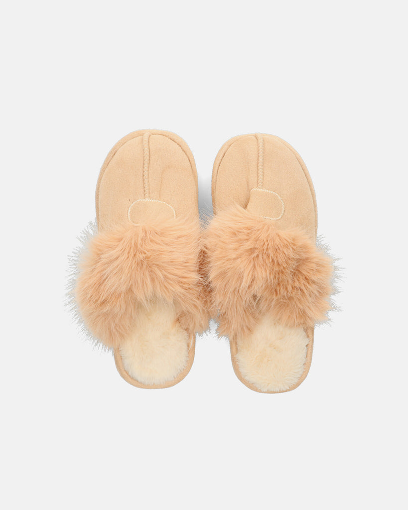MIDORI - pantofole beige con pelliccia e camoscio