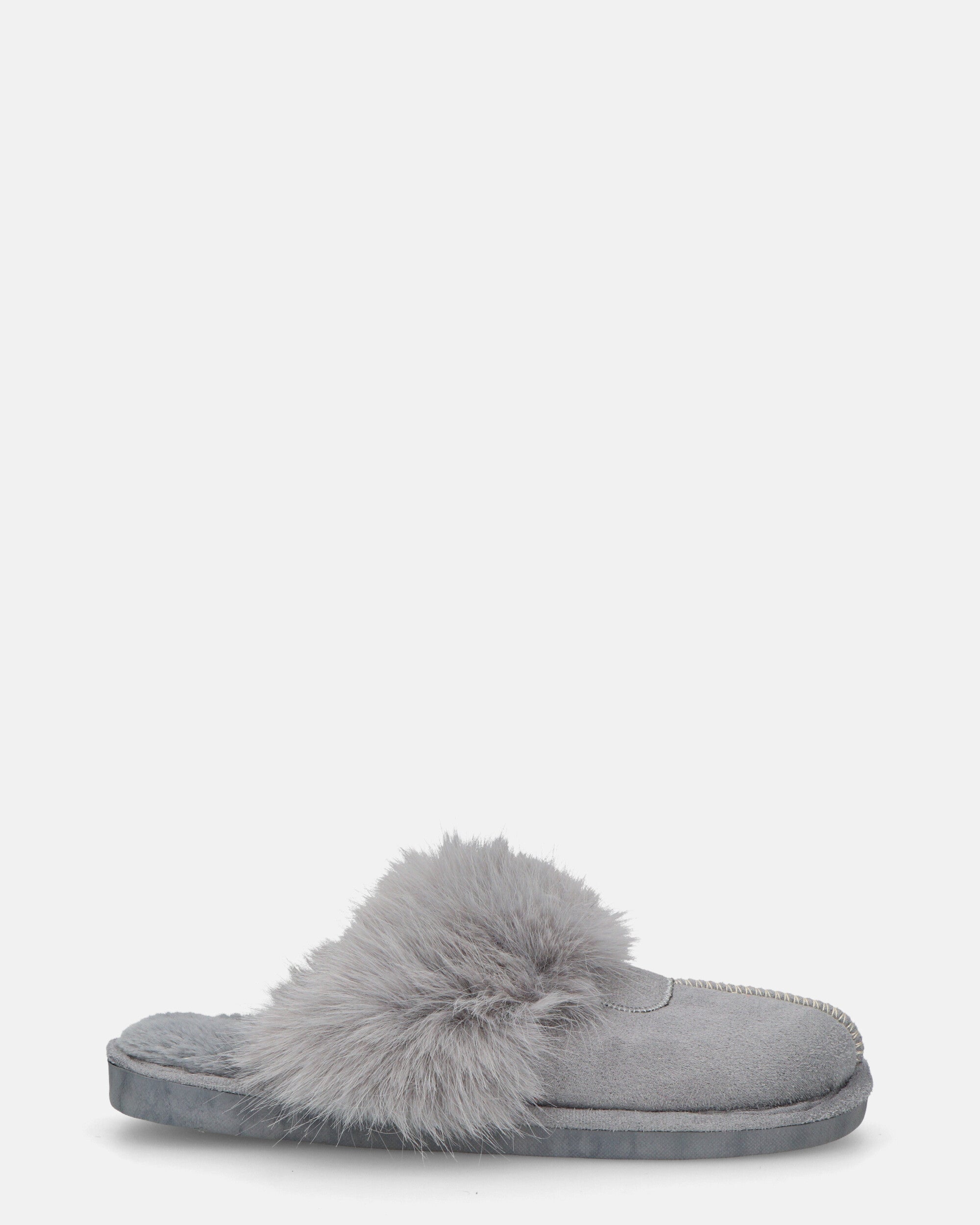 MIDORI - pantofole grigie con pelliccia e camoscio