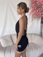 NAYMI - vestito con scollo drappeggiato e decorazione di conchiglie e perline sul fondo
