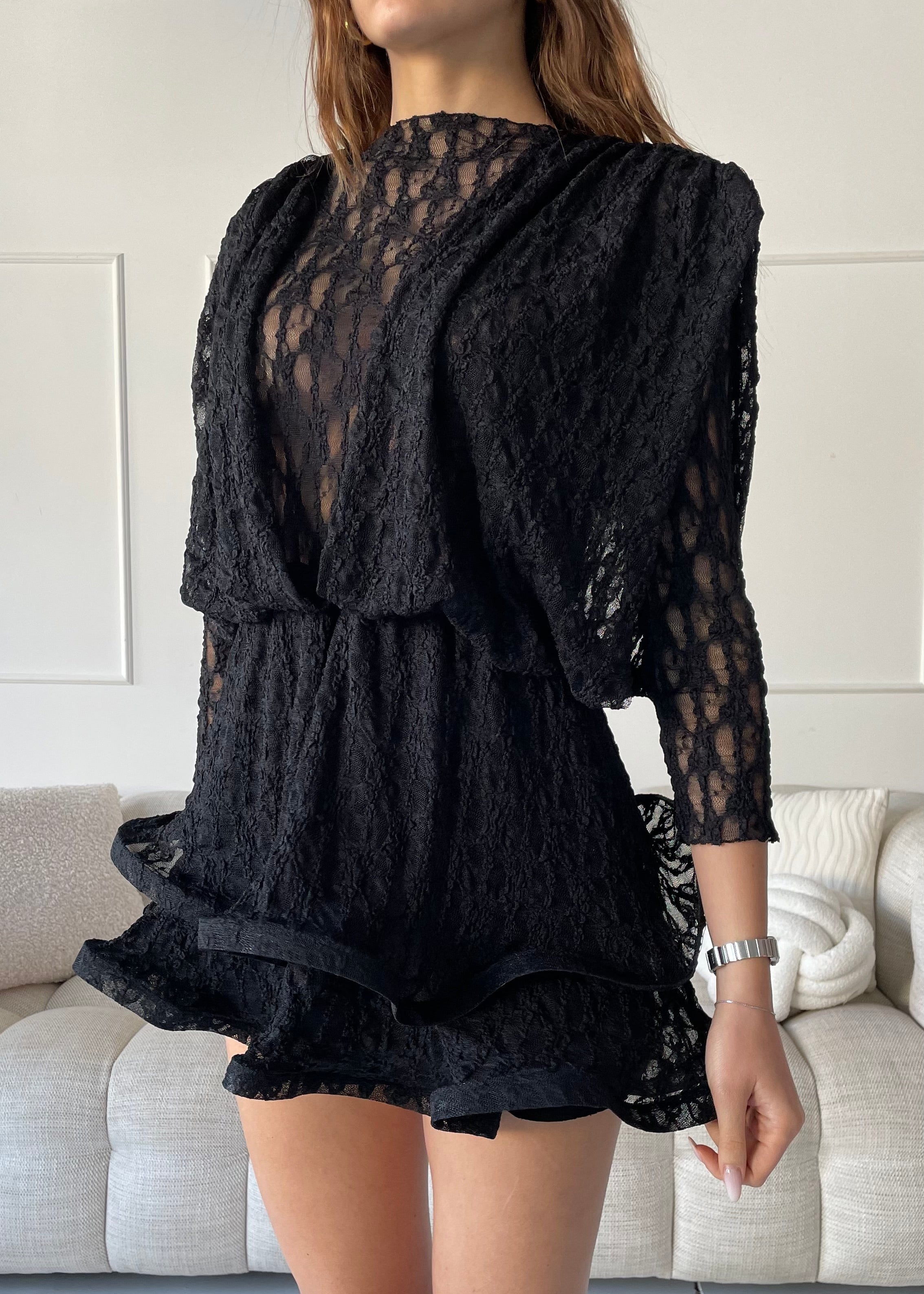 NEVA - mini abito in pizzo nero con gonna a balze