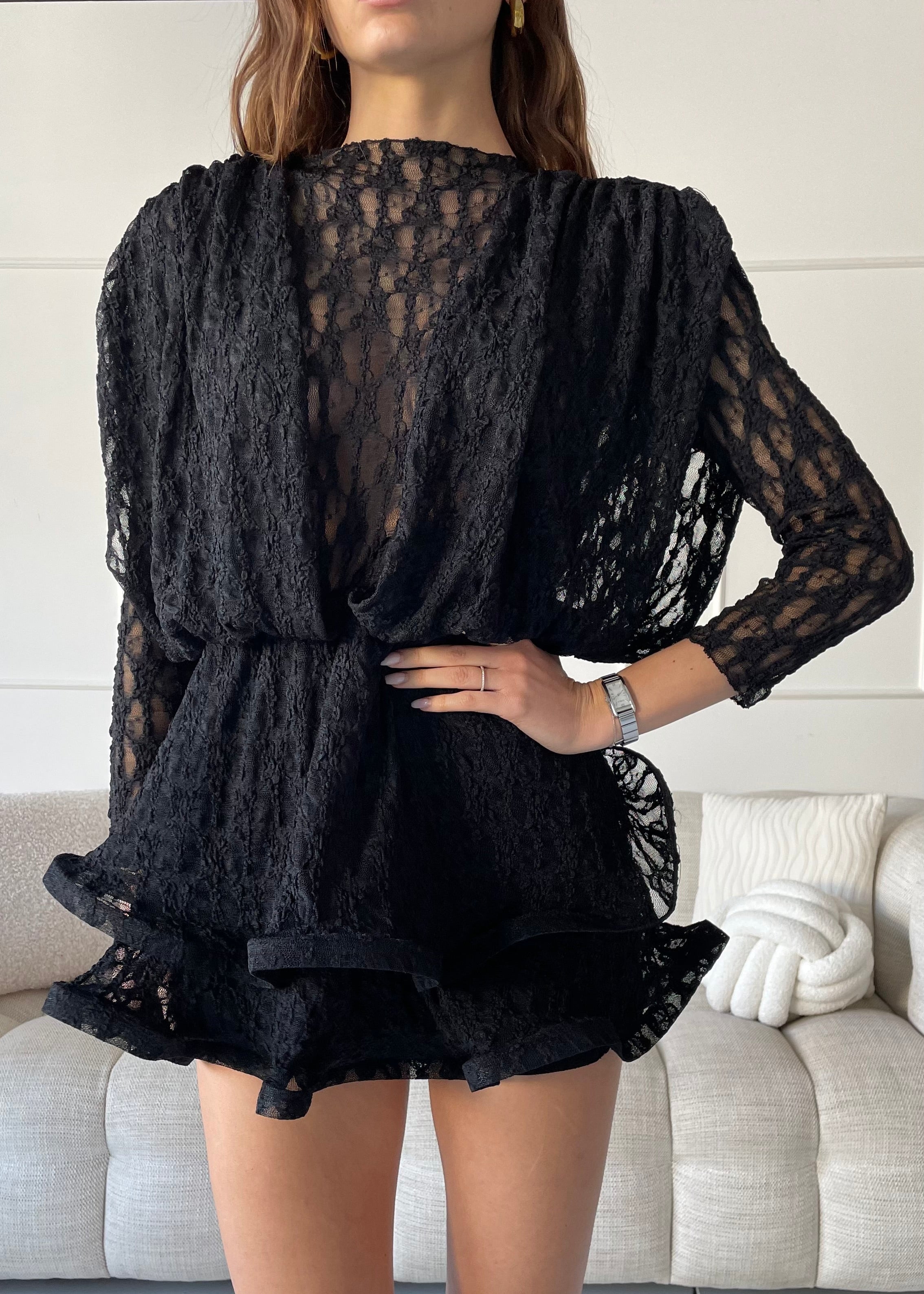 NEVA - mini abito in pizzo nero con gonna a balze