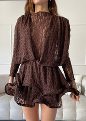 NEVA - mini abito in pizzo marrone con gonna a balze