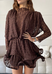 NEVA - mini abito in pizzo marrone con gonna a balze