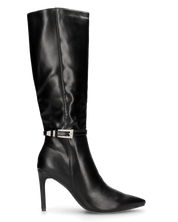 MAKI - Stivale alto sotto al ginocchio in ecopelle nero con tacco stiletto e fibbia gioiello