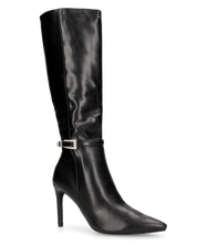 MAKI - Stivale alto sotto al ginocchio in ecopelle nero con tacco stiletto e fibbia gioiello