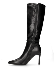 MAKI - Stivale alto sotto al ginocchio in ecopelle nero con tacco stiletto e fibbia gioiello