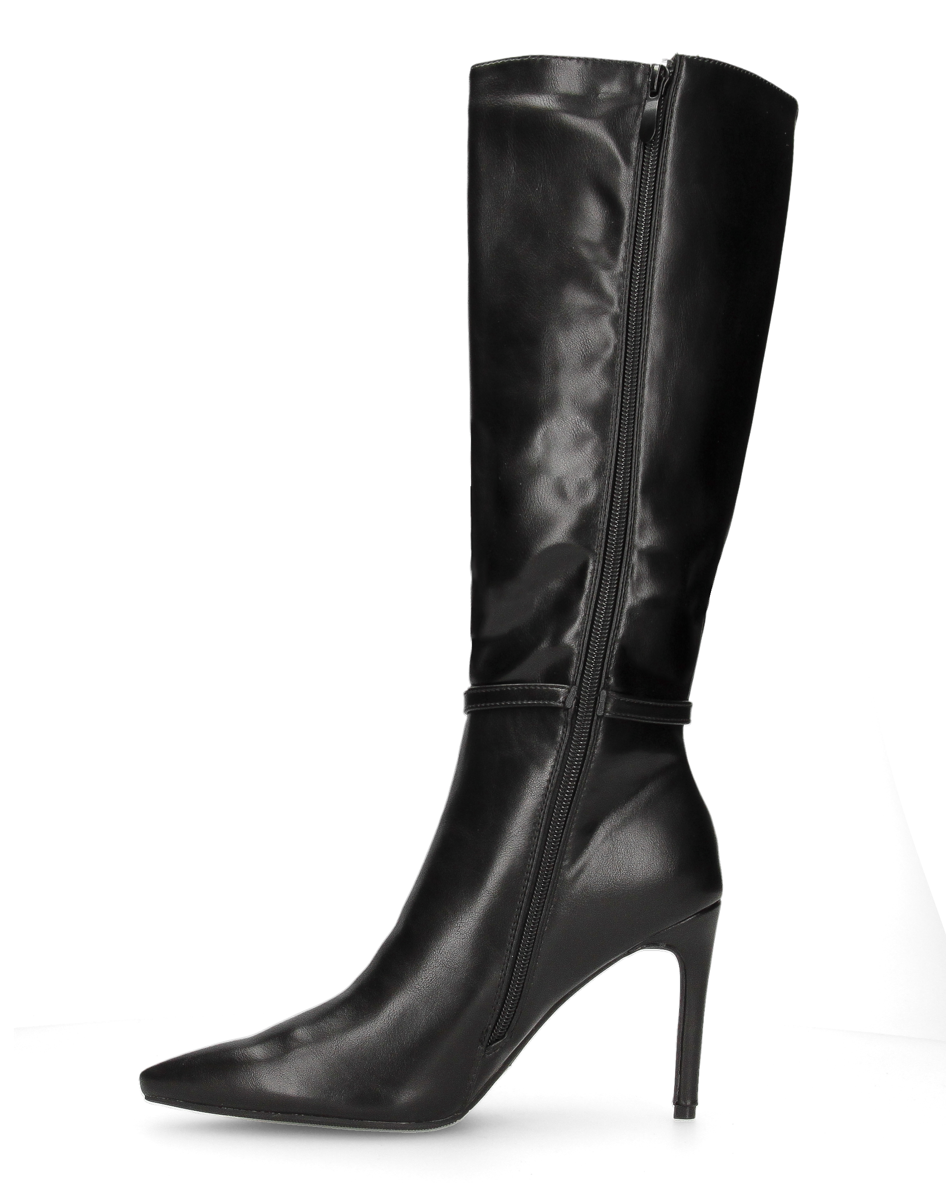 MAKI - Stivale alto sotto al ginocchio in ecopelle nero con tacco stiletto e fibbia gioiello