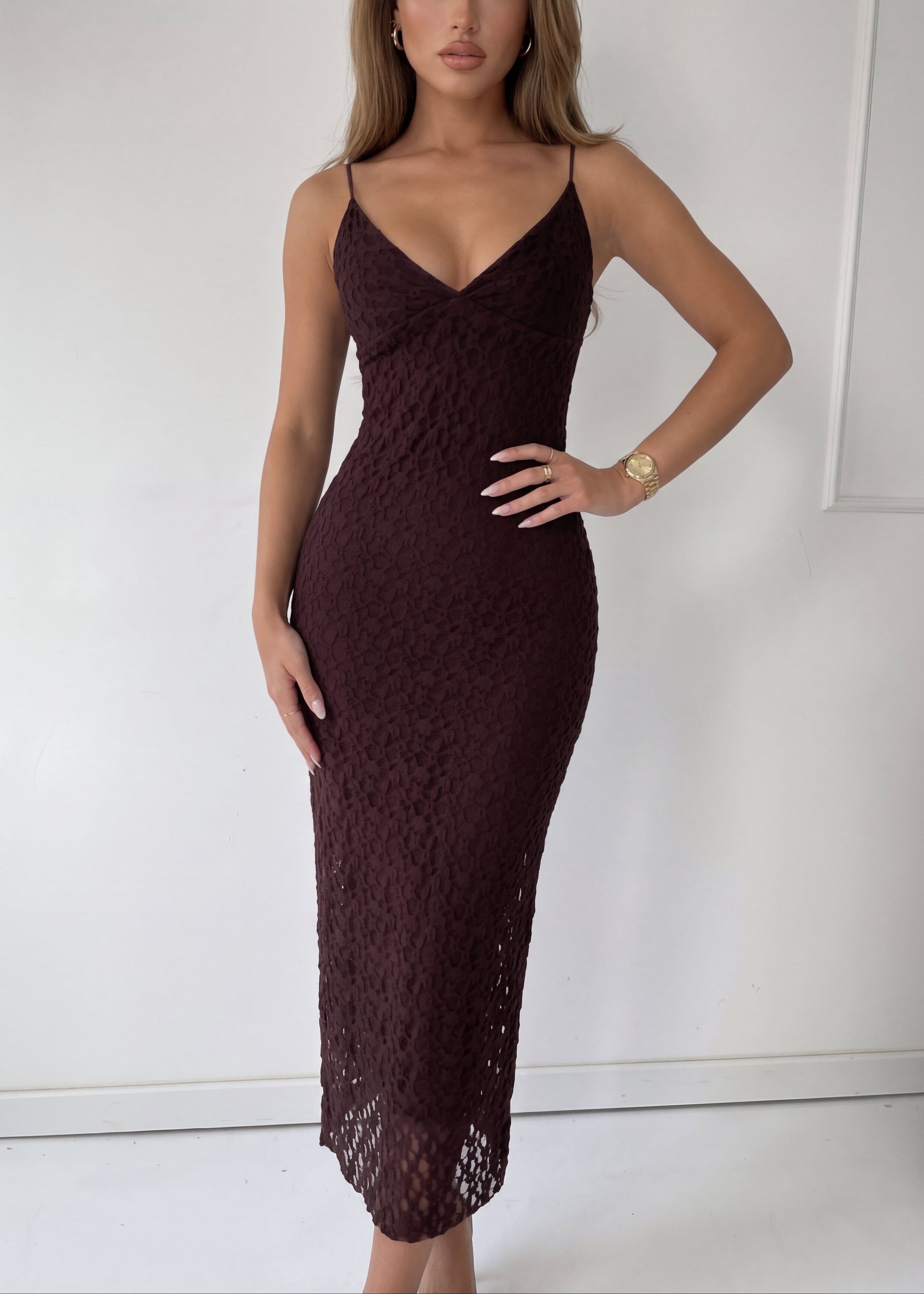 NOMMY - abito vestito midi in pizzo marrone
