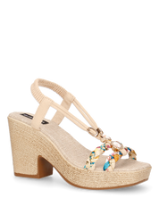 NOEMI - sandali beige con listini in treccia multicolore e platform in simil paglia