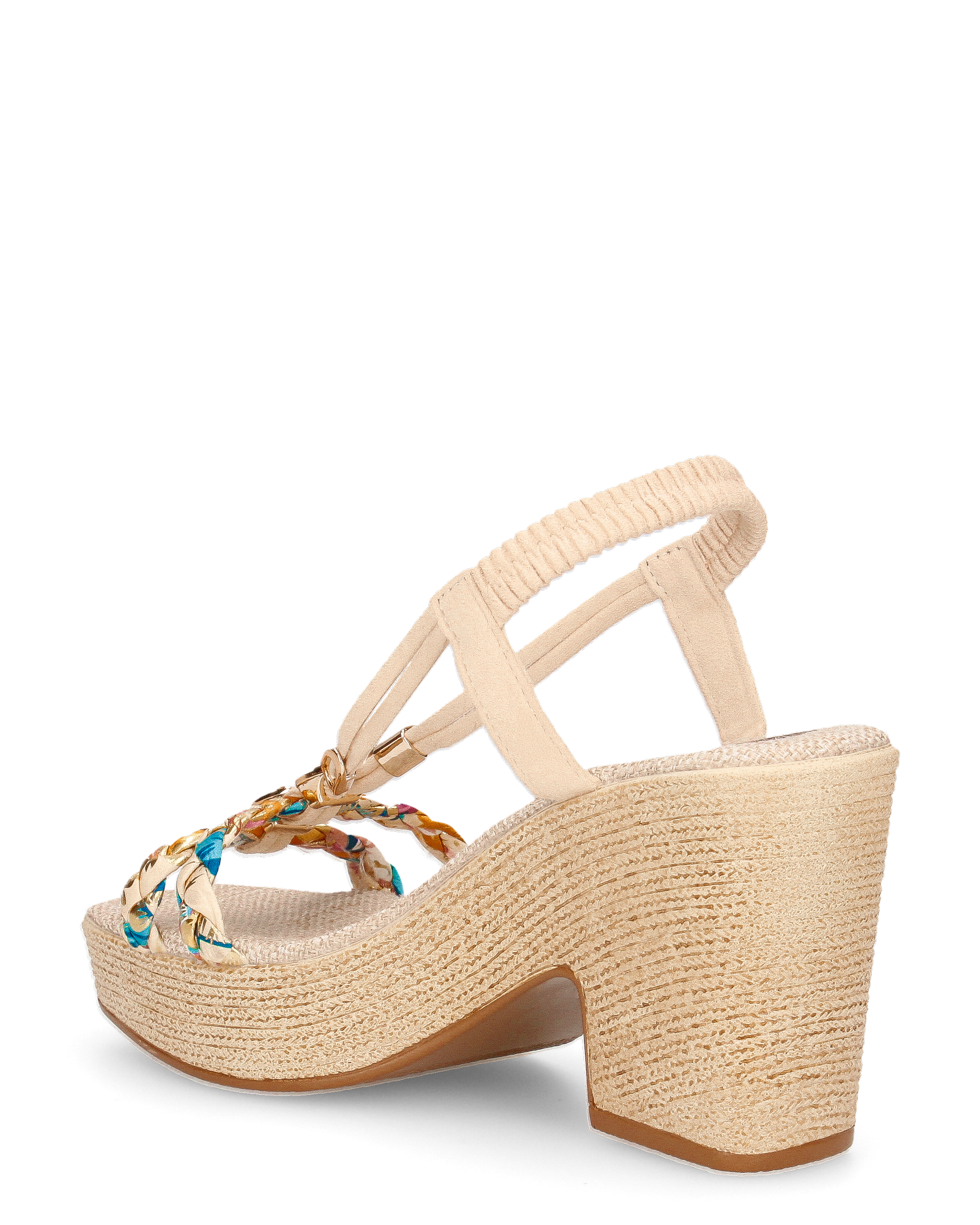 NOEMI - sandali beige con listini in treccia multicolore e platform in simil paglia
