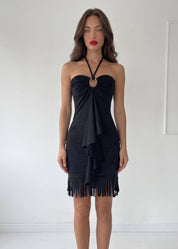 POCHY - vestito nero scamosciato con frangie e balza centrale
