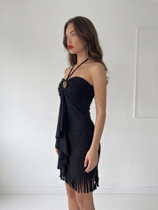 POCHY - vestito nero scamosciato con frangie e balza centrale